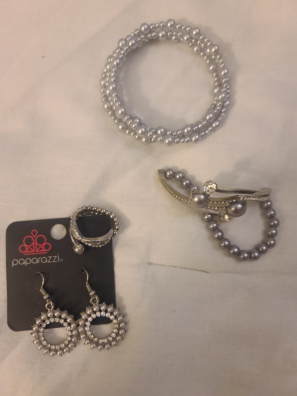 paparazzi Silver Faux Pearl Jewelry Set - Earrings, Ring & 2 Bracelets